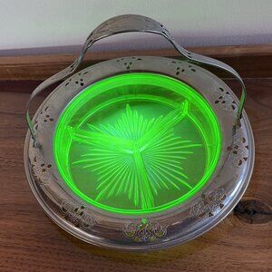 Farberware Vintage Green Uranium Glass & Metal Basket Dish Divided With Handle